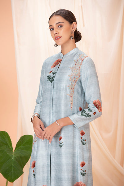 ICE BLUE PRINTED AND EMBROIDERED KURTA SET WITH MATCHING PANTS (ALY-06)