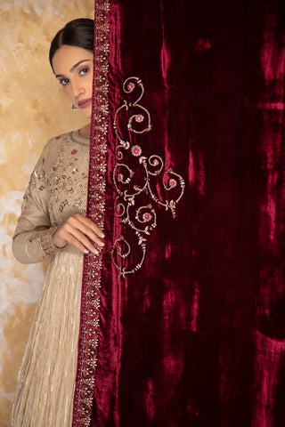 RUBY SILK VELVET FLORAL JAAL EMBROIDERED DUSHALA ( DUS-64 )