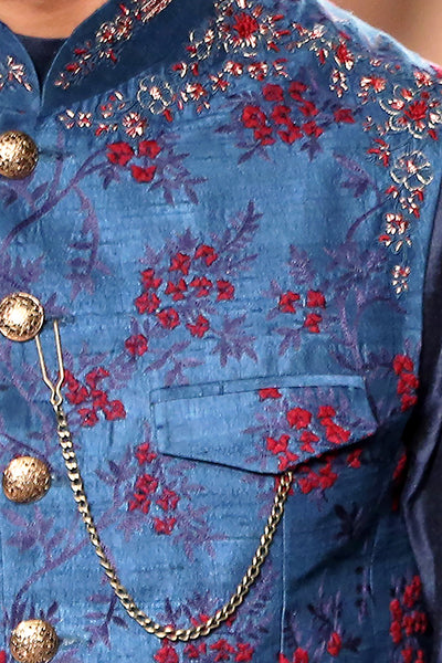 Teal Embroidered Waist-Coat Set (JPM-09)
