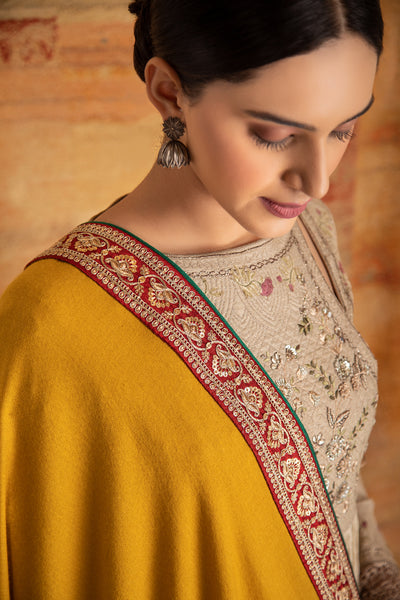 Yellow woollen Pashmina zardozi embroidered dushala ( DUS-72 )