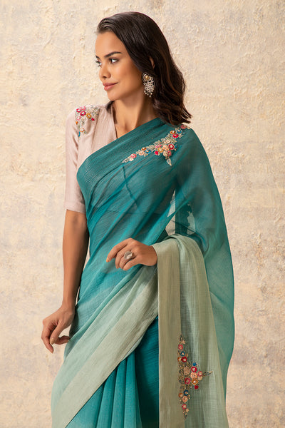 Shaded green floral embroidered  saree set (EM-05)