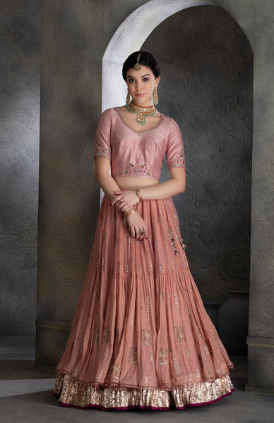 Old rose tissue gota embroidered tiered lehanga set (MH-04B)