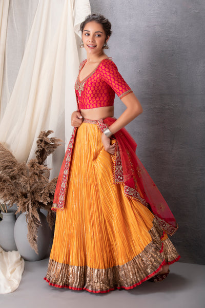 ORANGE CRINKELED LEHENGA SET WITH BLOUSE AND DUPATTA (BRM-25C)