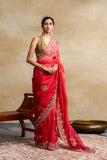 RED ORGANZA EMBROIDERED SAREE|RED DUPION BLOUSE ( KASH-06 )