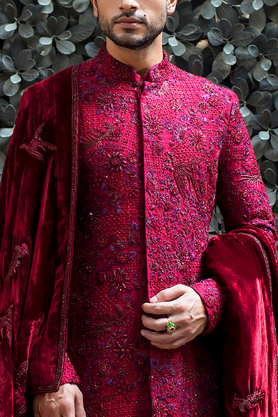Red Swarovski Embroidered Silk Dupion Achakan Set (ALM-12)