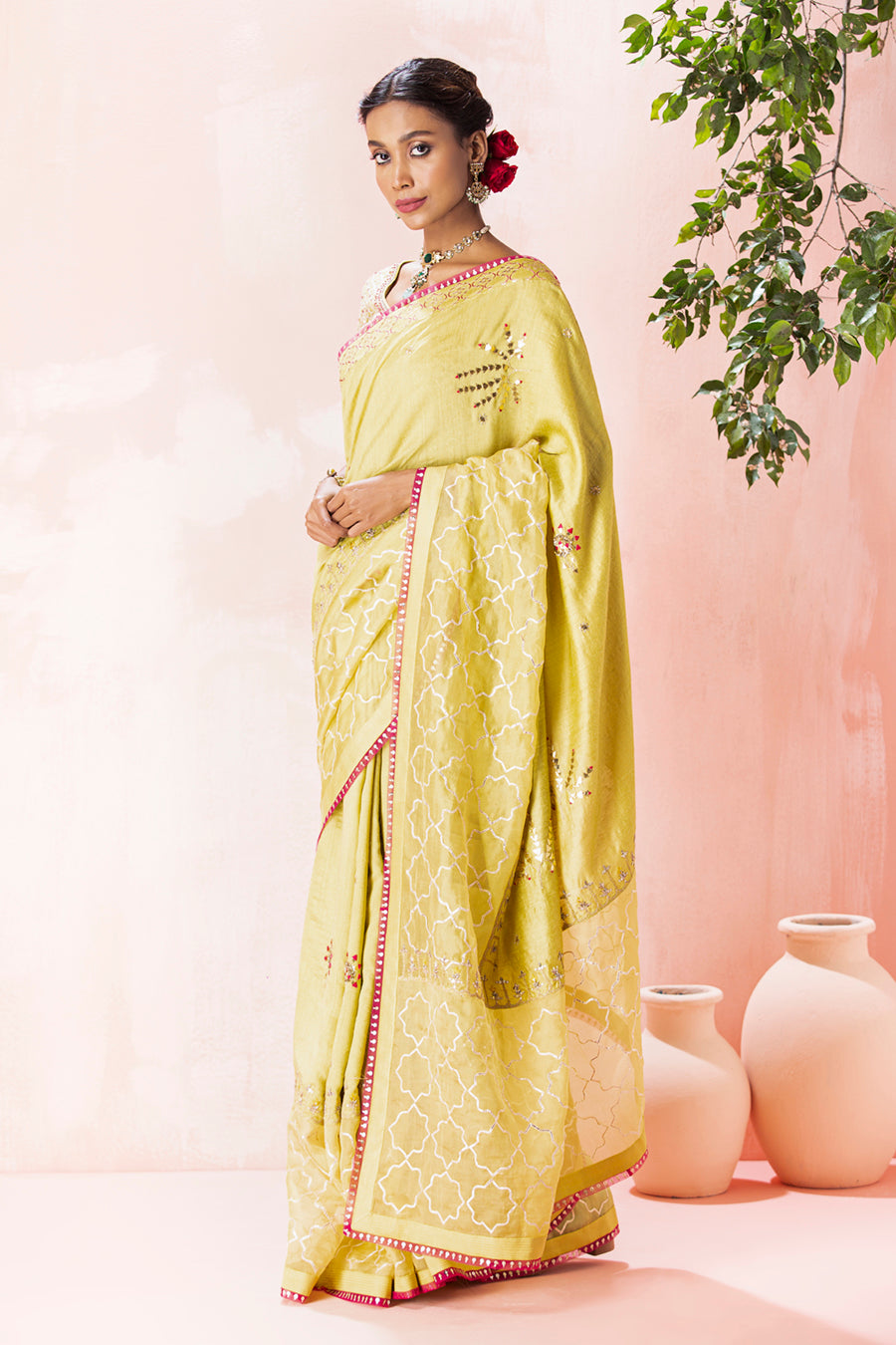 Parrot Green with lemon yellow Pallu Linen Jamdani Buti Saree– Swapna  Creation