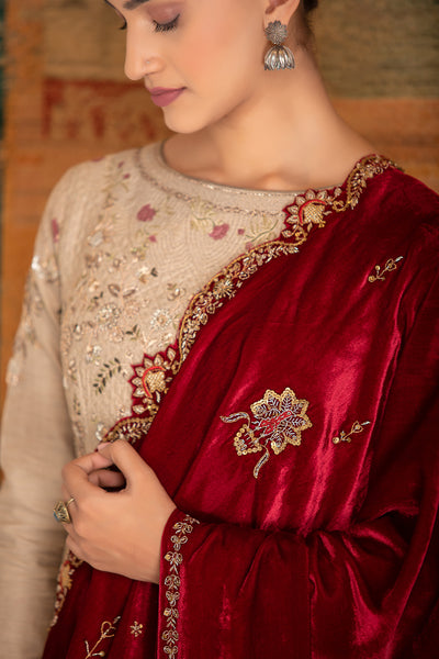 Maroon silk velvet embroidered dushala ( DUS-14/21 )