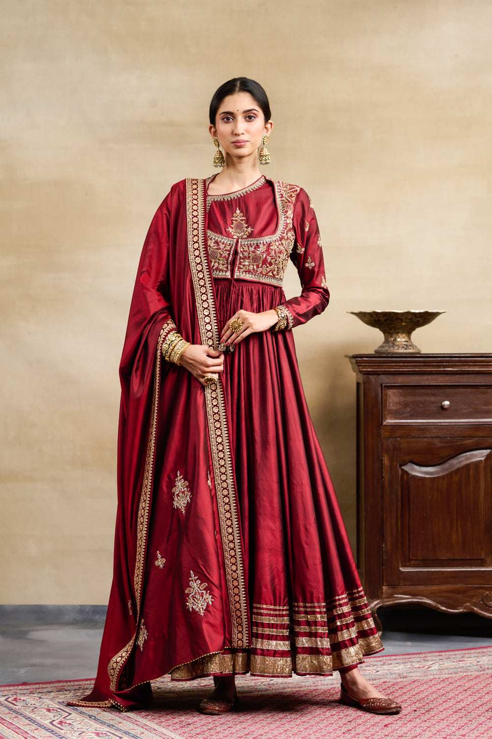 Silk SemiStitched Maroon Color Indian Stylish Anarkali Suit Dry clean