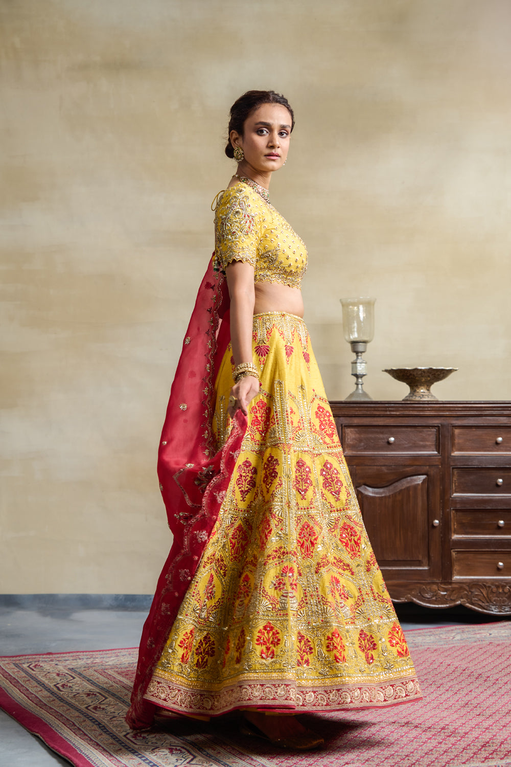 Buy Yellow Red Hand Block Printed Cotton Blouse Piece with Lehenga and  Dupatta - Set of 3 | SB00450S/SHAB35AUG | The loom