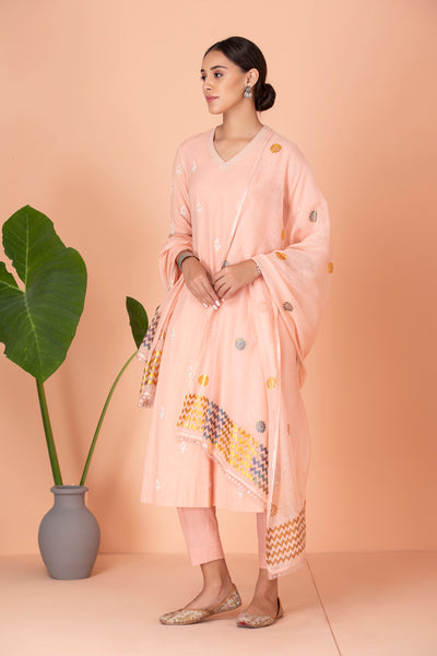 PEACH EMBROIDERED KURTA WITH MATCHING  PANTS AND DUPATTA (SR-07A)