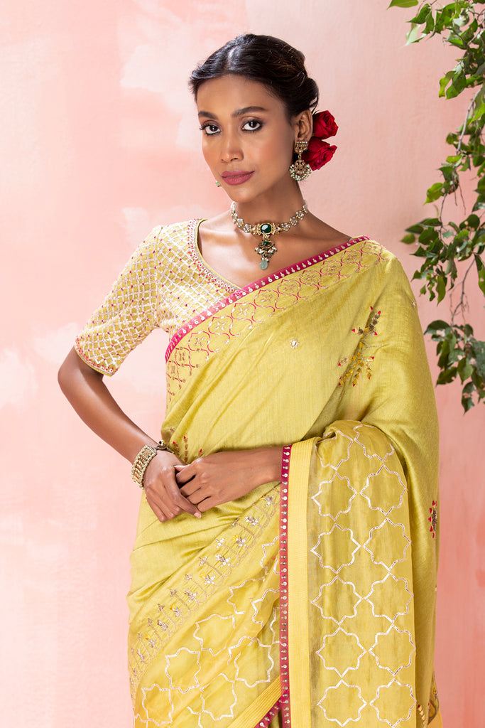 Silk Designer Saree Yellow Floral Border – ViDesi