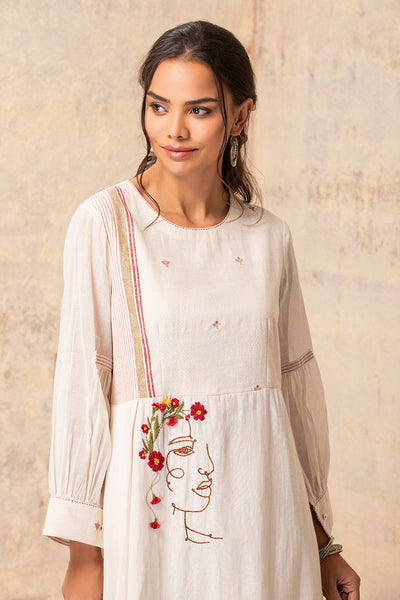 IVORY FLORAL ABSTRACT FACE EMBROIDERED TUNIC (F-03)