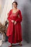 RED CRINKELED ANARKALI WITH EMBROIDERY ON BODICE PAIRED WITH RED CHURIDAR AND DUPATTA (LS-03)