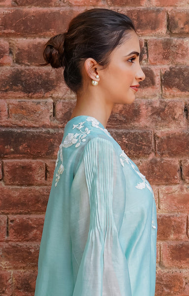 AQUA COTTON EMBROIDERED HIGH LOW TUNIC & SLIP (WH-02)