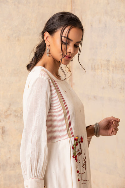 IVORY FLORAL ABSTRACT FACE EMBROIDERED TUNIC (F-03)