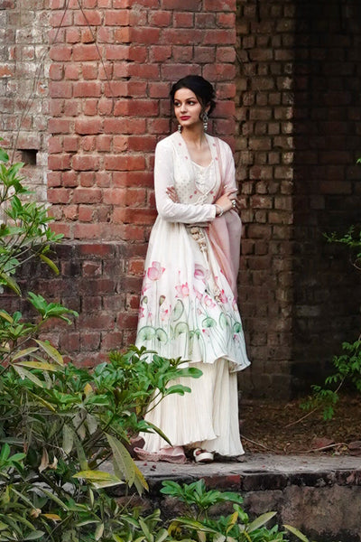 IVORY LOTUS PRINTED AND EMBROIDERED TUNIC WITH EMB. BLOUSE, GAUZE SHARARA AND DUPATTA  (ANK-05A)