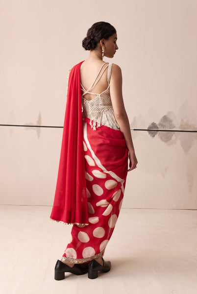 Ivory macrame blouse and Red polka dot sari (TL-10)