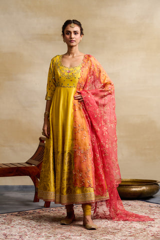 YELLOW FOIL PRINTED & EMBROIDERED ANARKALI SET (3 PCS)