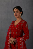 RED CHANDERI PRINTED EMBROIDERED ANARKALI SET (FB-21A)