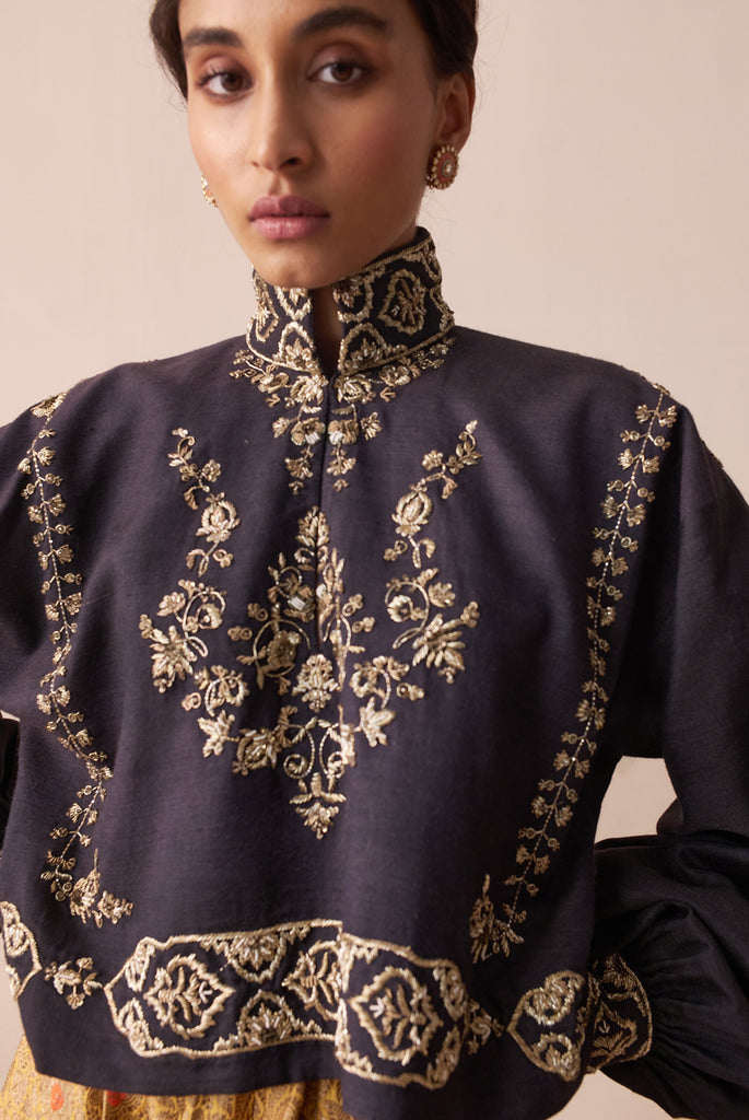 Charcoal embroidered blouse and Yellow brocade skirt set(E-10/TL-14) – Anju  Modi