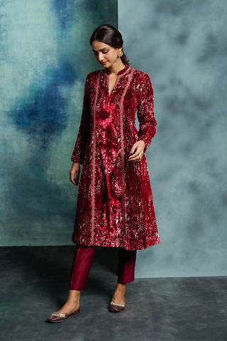 MAROON SILK VELVET EMBROIDERED TUNIC (1 PC)