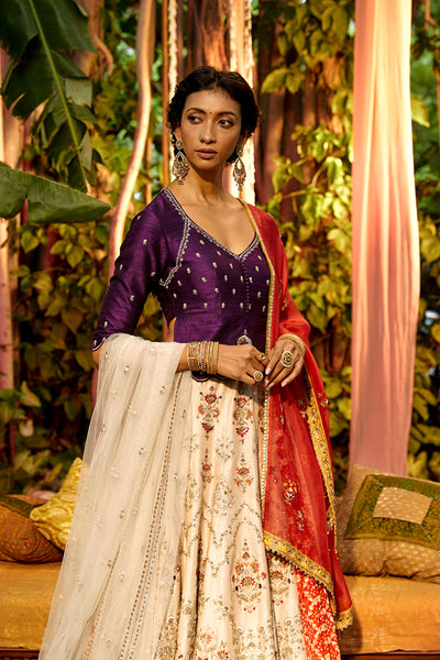 Laxmi-M toosh silk dupion and orange bandhani floral embroidered lehenga set ( FB-19 )