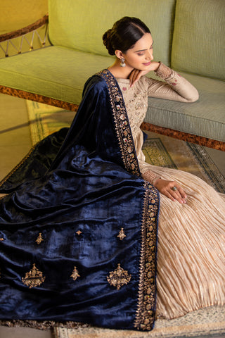 BLUE SILK VELVET ZARDOZI EMBROIDERED DUSHALA ( DUS-91 )