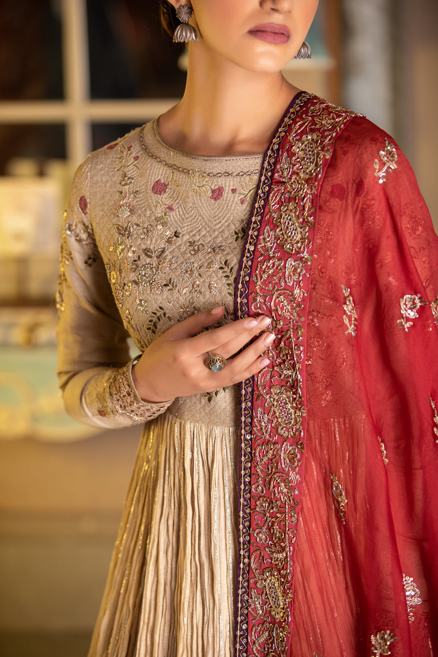 RED SILK ORGANZA EMBROIDERED DUPATTA ( DUP-41 ) – Anju Modi