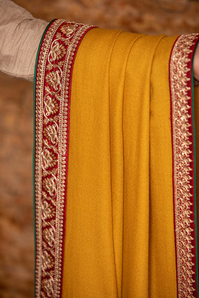 Yellow woolen Pashmina zardozi embroidered dushala ( DUS-72 )