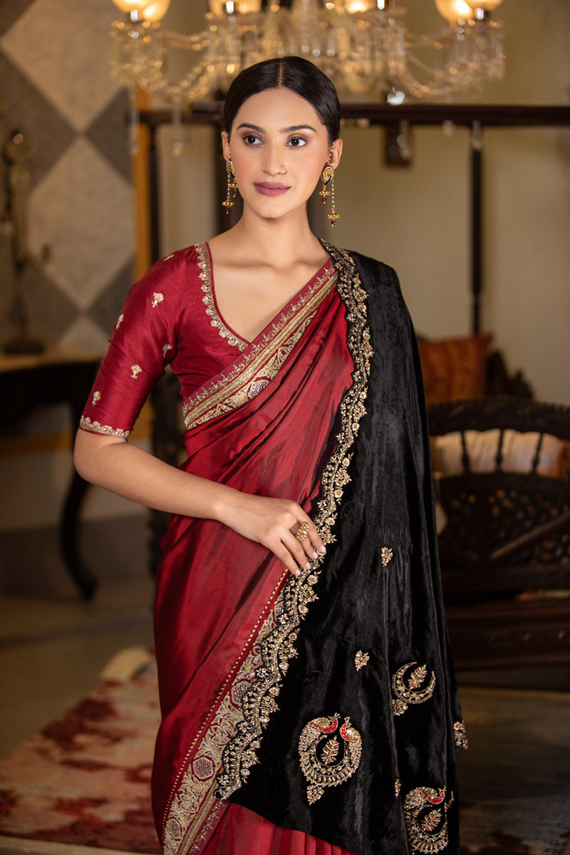 Black silk velvet embroidered dushala with scallop border ( DUS-65 ...