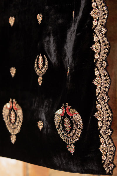 Black silk velvet embroidered dushala with scallop border ( DUS-65 )