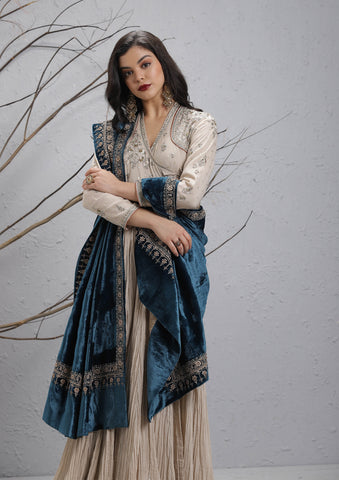 TEAL BLUE VELVET EMBROIDERED DUSHALA (DUS-24)