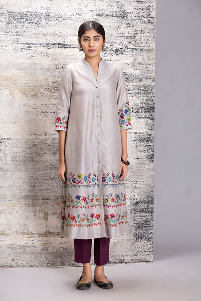 Grey multicolour floral border straight front open kurta (MK-07B )