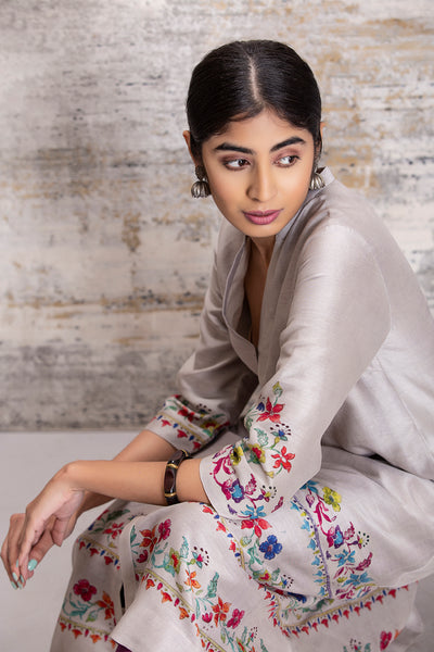 Grey multicolour floral border straight front open kurta (MK-07B )