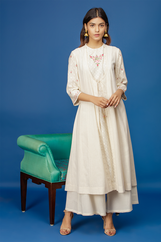 Embroidered Double Layered Kurta With Flared Palazzo. Ivory