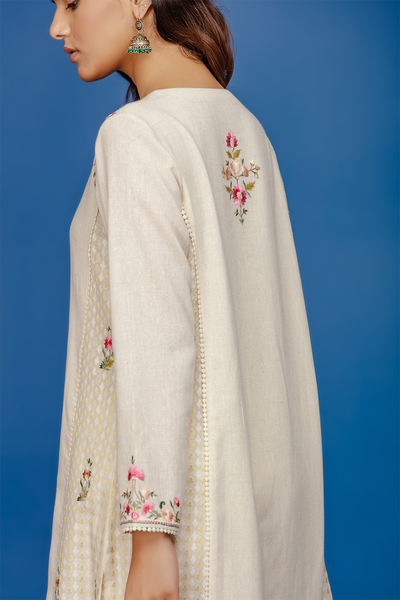 Embroidered Front Placket Kurta With Palazzo. Ivory
