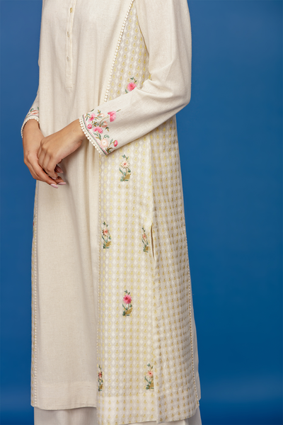 Embroidered Front Placket Kurta With Palazzo. Ivory