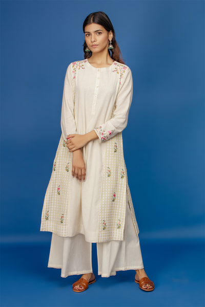 Embroidered Front Placket Kurta With Palazzo. Ivory