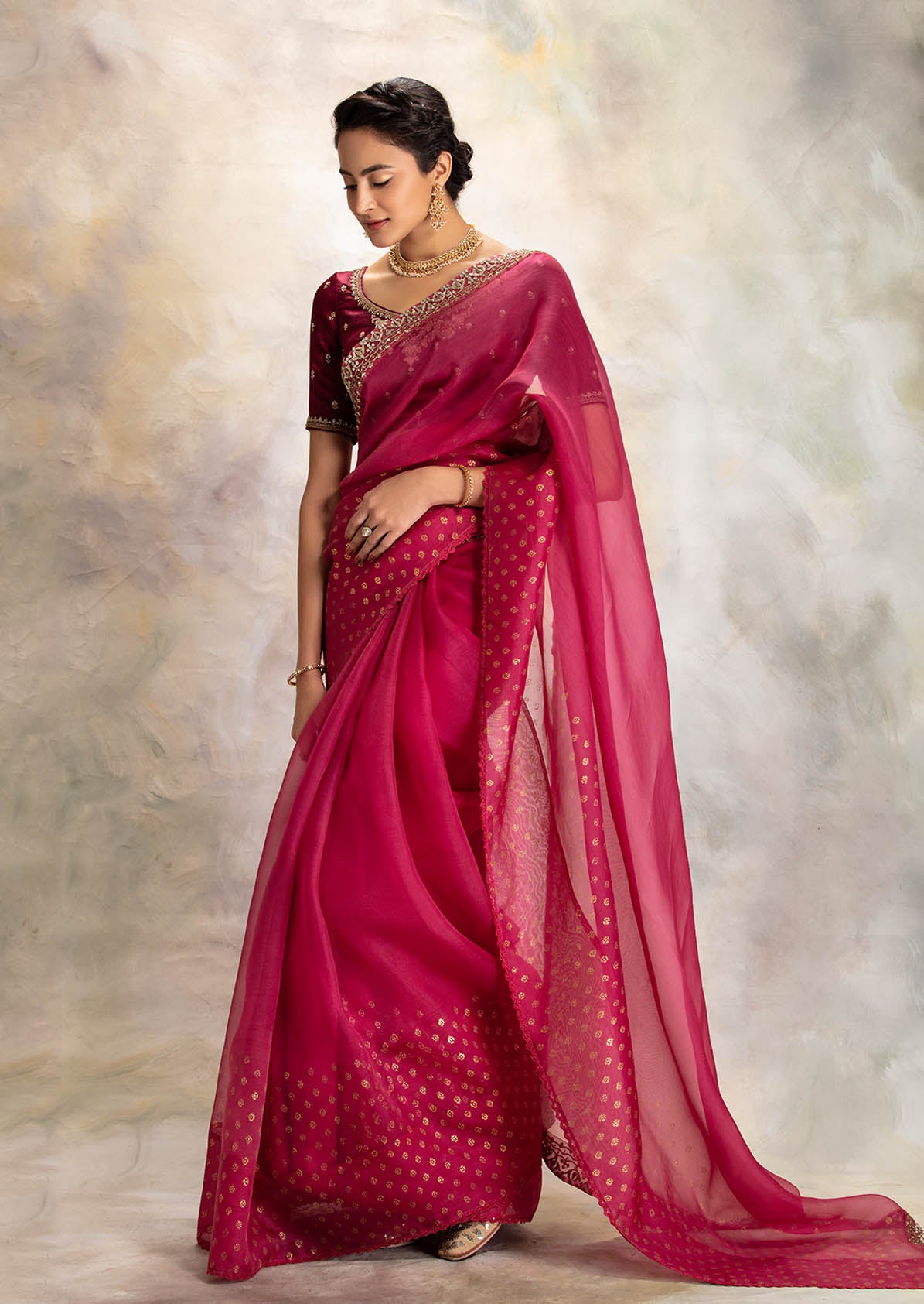 Ruby red slit pre stiched saree with printed balloon sleeves blouse   Dheeru Taneja