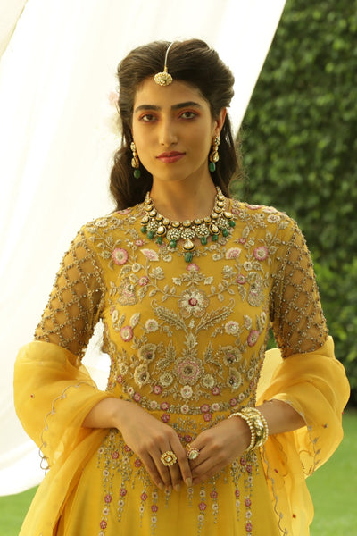 Enticing Zardozi Embroidered Yellow Dress With Shaded Dupatta (JP-11A/ KK-09B)