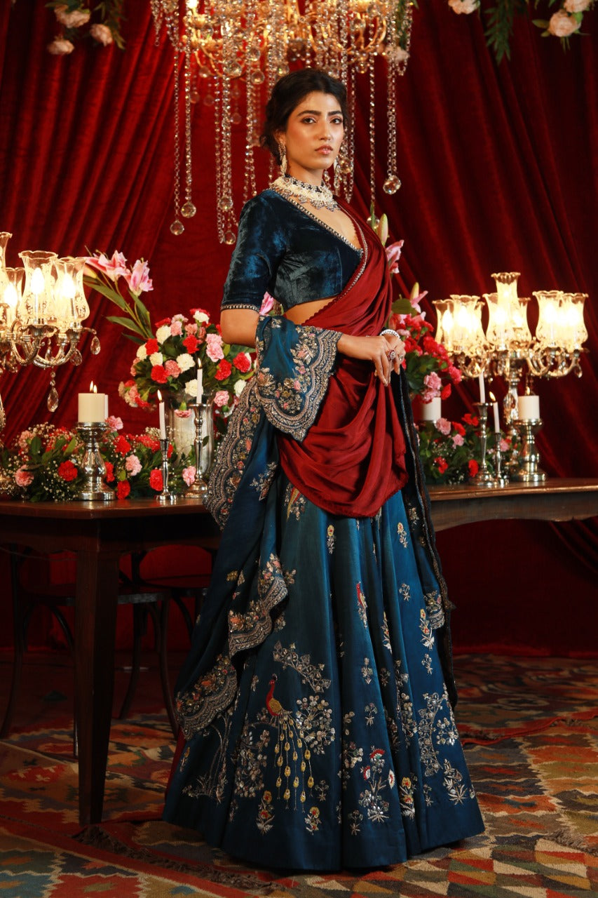 Downy Green and Blue Banarasi Silk Lehenga Choli – MySilkLove