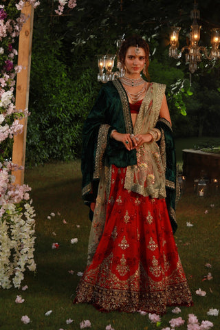 Heavenly Red Embroidered Lehanga Set With Velvet Dushala (ALW-14/SK-36/SK-11/WS-36)
