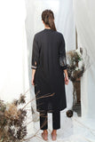 BLACK FRONT OPEN SHIRT DRESS WITH DELICATE THREAD EMBROIDERY ( ALFZ- 07 )
