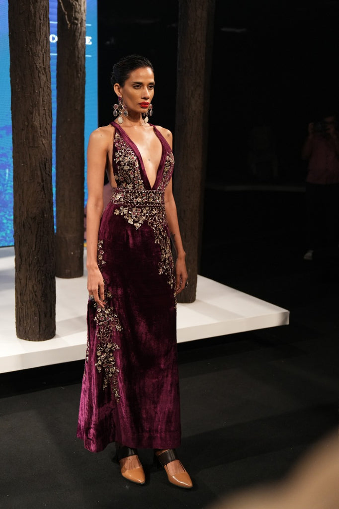 Purple silk velvet embroidered dress(E-14/TL-131) – Anju Modi