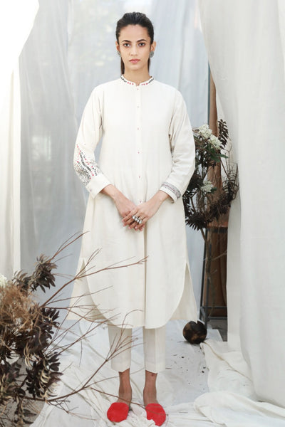 IVORY FRONT OPEN SHIRT DRESS/TUNIC WITH DELICATE THREAD EMBROIDERY ( ALFZ- 07A )
